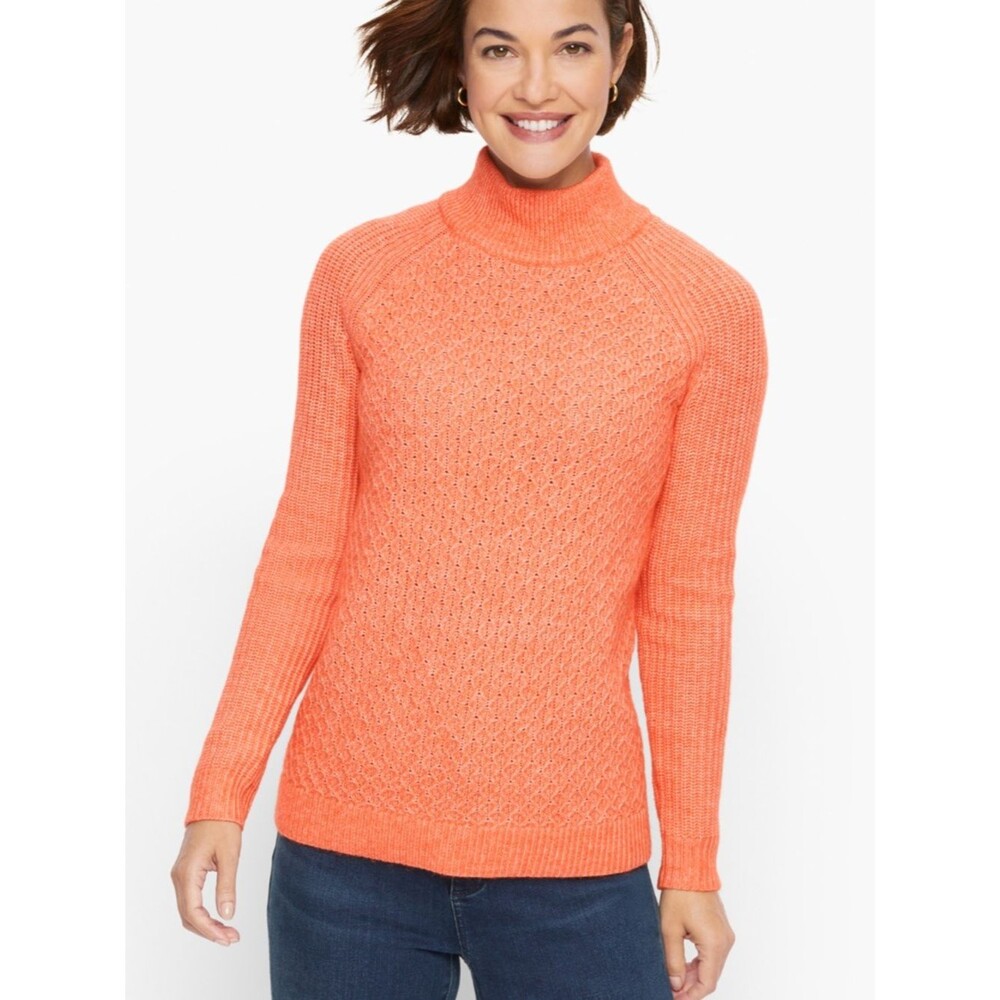 Talbots Orange Textured Stitch Sweater Mockneck Tunic Cozy Wool Blend Size XL